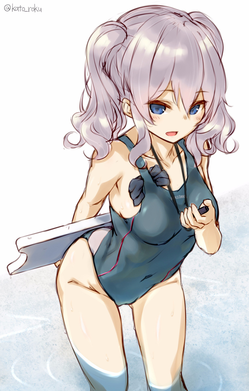 1girl absurdres alternate_costume arm_behind_back blue_eyes breasts collarbone competition_swimsuit covered_navel grey_hair highres holding kantai_collection kashima_(kantai_collection) katoroku leaning_forward medium_breasts one-piece_swimsuit ripples sketch solo standing stopwatch swim_cap swimsuit twintails twitter_username wading watch white_background