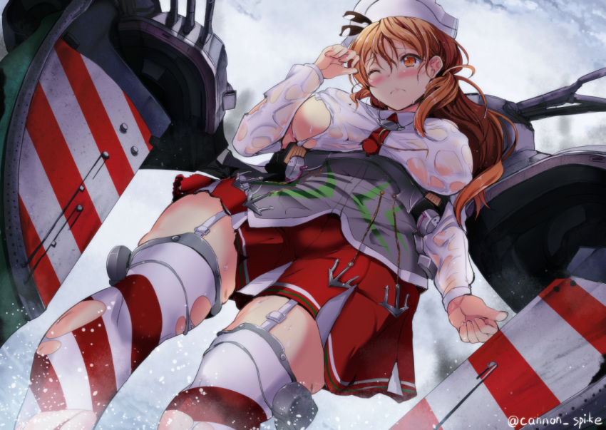 1girl ;( anchor bare_shoulders blush breasts brown_eyes brown_hair from_below garter_straps gin'ichi_(akacia) hat headdress kantai_collection large_breasts littorio_(kantai_collection) long_hair long_sleeves machinery necktie no_bra one_eye_closed red_necktie red_skirt skirt solo striped striped_legwear thigh-highs torn_clothes torn_thighhighs turret twitter_username wet wet_clothes
