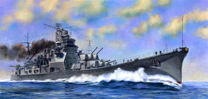 anchor cannon cruiser imperial_japanese_navy japanese_flag kikumon koizumi_kazuaki_production military military_vehicle no_humans ocean seaplane ship takao_(cruiser) turret warship watercraft