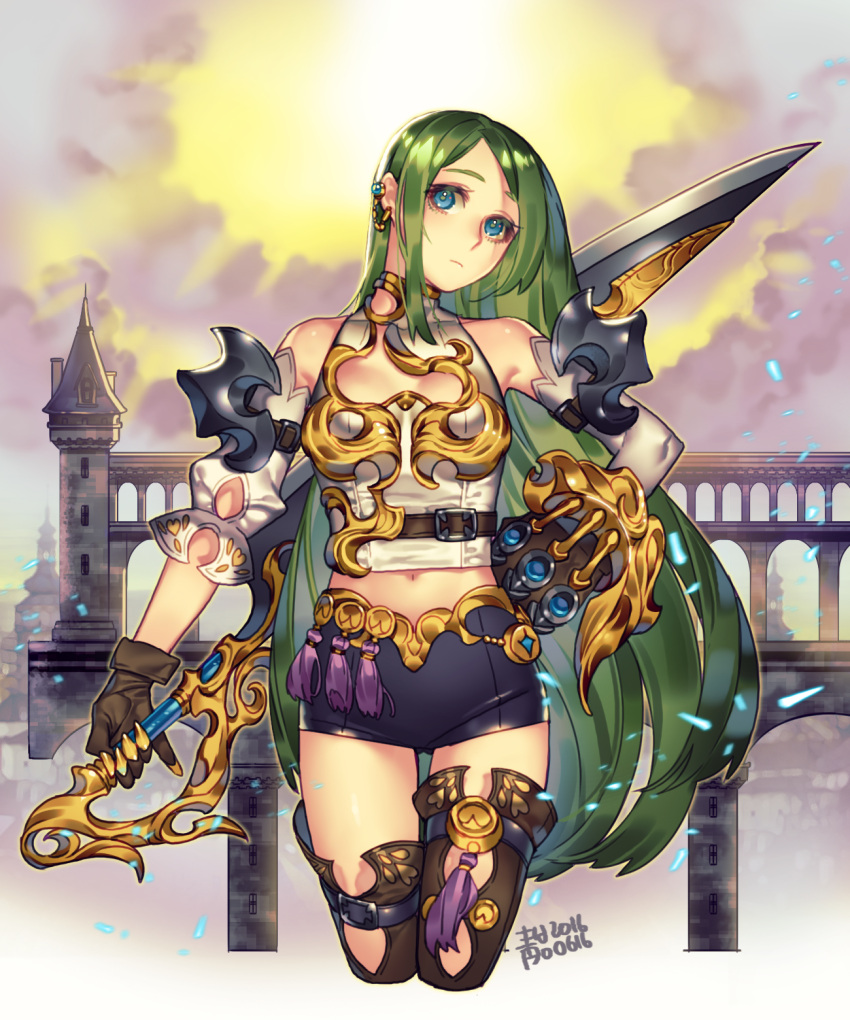 1girl 2016 aqueduct bare_shoulders bike_shorts black_legwear black_shorts blue_eyes brown_gloves building closed_mouth cropped_legs earrings erjung gloves green_hair hand_on_hip highres holding holding_sword holding_weapon jewelry long_hair midriff navel number original outdoors shorts solo sword thigh-highs very_long_hair weapon