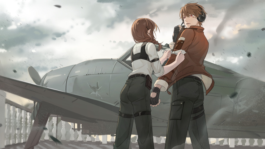 1boy 1girl absurdres aircraft airplane bangs belt black_gloves black_pants braid braided_ponytail brown_eyes brown_hair brown_jacket clouds cloudy_sky fingerless_gloves gloves headphones highres jacket long_hair looking_at_another luke_pearce_(tears_of_themis) mjm_(user_afra8722) open_mouth outdoors pants rosa_(tears_of_themis) scenery shirt short_hair sky sleeves_rolled_up tears_of_themis white_shirt