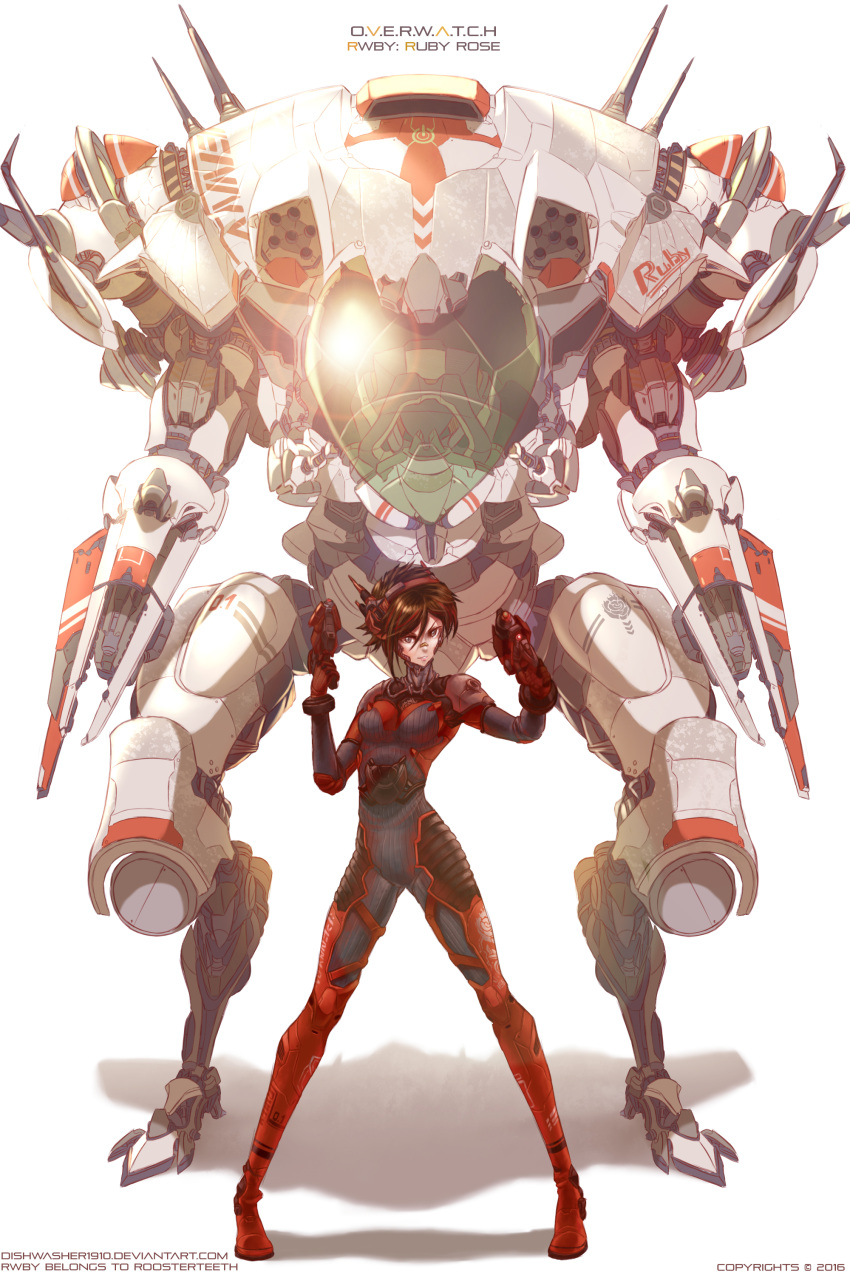 1girl absurdres arms_up bandaid bandaid_on_nose bodysuit brown_hair commentary copyright_name d.va_(overwatch) d.va_(overwatch)_(cosplay) dishwasher1910 dual_wielding gloves grey_eyes gun highres holding holding_gun holding_weapon legs_apart looking_at_viewer mecha meka_(overwatch) multicolored_hair overwatch pilot_suit redhead ruby_rose rwby shadow short_hair shoulder_pads simple_background skin_tight standing two-tone_hair watermark weapon white_background