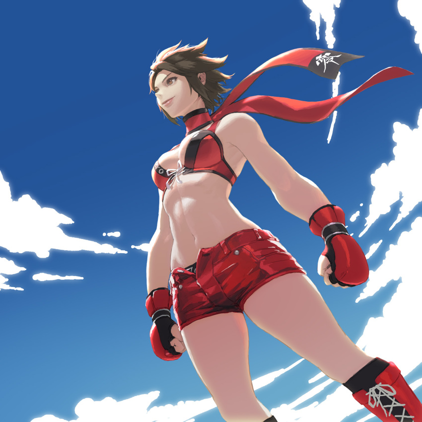 1girl black_hair boots boxing_gloves clouds from_below highres hinomoto_reiko loped midriff red_eyes rumble_roses scarf short_hair shorts sky smile