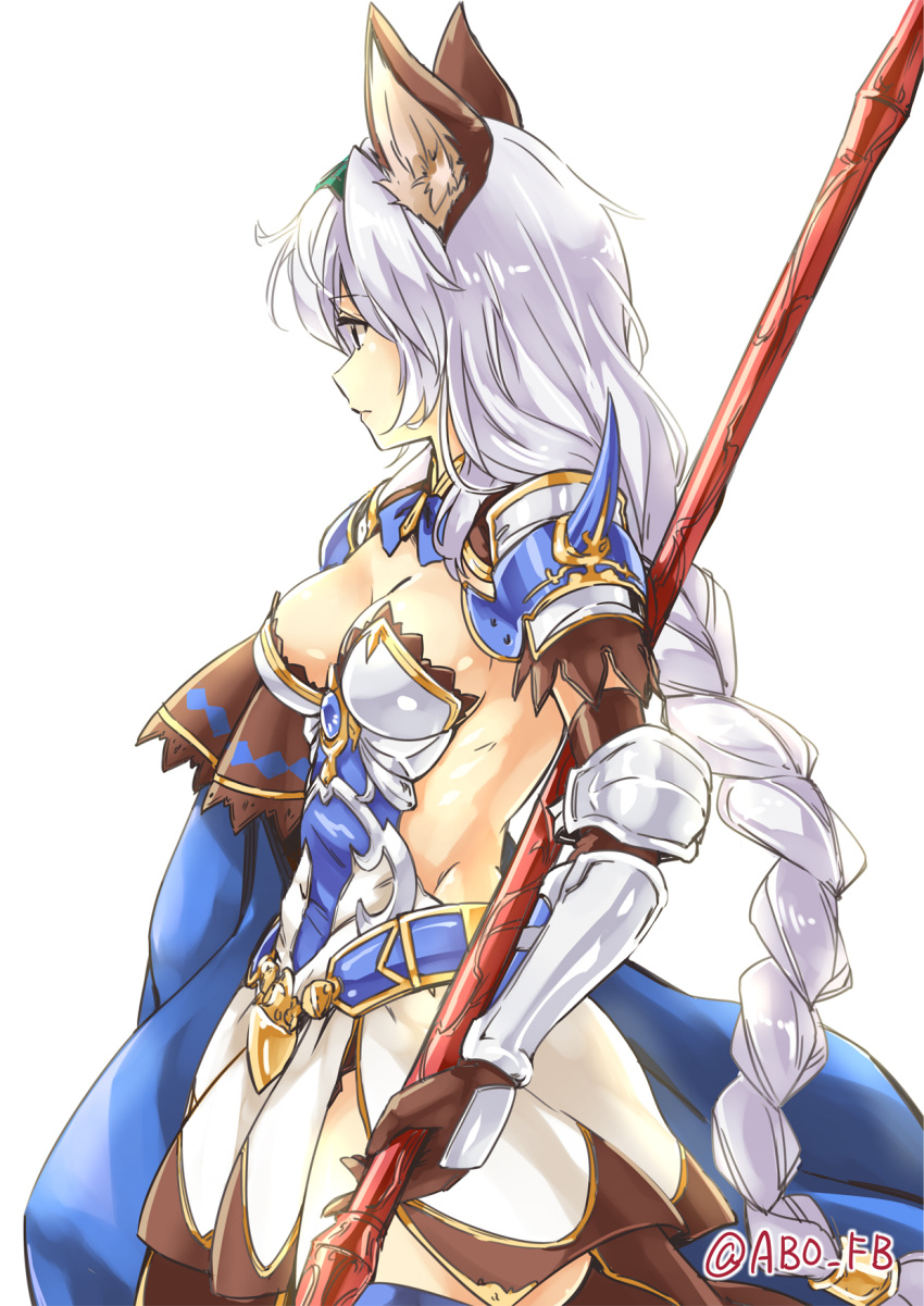 1girl abo_(hechouchou) animal_ears armor armored_dress bangs bare_back belt braid breasts brooch cape cleavage cowboy_shot cowter detached_collar dress epaulettes erun_(granblue_fantasy) expressionless eyebrows eyebrows_visible_through_hair gauntlets granblue_fantasy hair_between_eyes headband heles highres holding holding_weapon jewelry long_hair looking_away low-tied_long_hair open-back_dress polearm profile revealing_clothes short_dress shoulder_spikes side_slit sideboob sidelocks silver_hair single_braid solo spaulders spear spikes strapless strapless_dress thigh-highs thighs tied_hair twitter_username vambraces very_long_hair weapon zettai_ryouiki