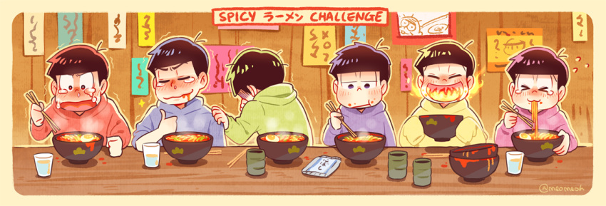 &gt;_&lt; 6+boys :3 :t ^_^ ahoge bangs black_hair blush border bowl bowl_stack breathing_fire brothers chewing chopsticks clenched_hand closed_eyes closed_mouth clothes_grab cup drinking_glass eating egg fire flying_sweatdrops food food_in_mouth food_on_face furrowed_eyebrows hand_on_another's_shoulder hands_in_sleeves hijirisawa_shonosuke hood hood_down hoodie hot indoors long_sleeves male_focus matsuno_choromatsu matsuno_ichimatsu matsuno_juushimatsu matsuno_karamatsu matsuno_osomatsu matsuno_todomatsu meoon motion_lines mouth_hold multiple_boys noodles note open_mouth osomatsu-kun osomatsu-san outline photo_(object) rounded_corners runny_nose sextuplets siblings sleeves_past_wrists sparkle spicy spill steam table tears thumbs_up tissue trembling twitter_username upper_body water wooden_table wooden_wall yellow_border yunomi