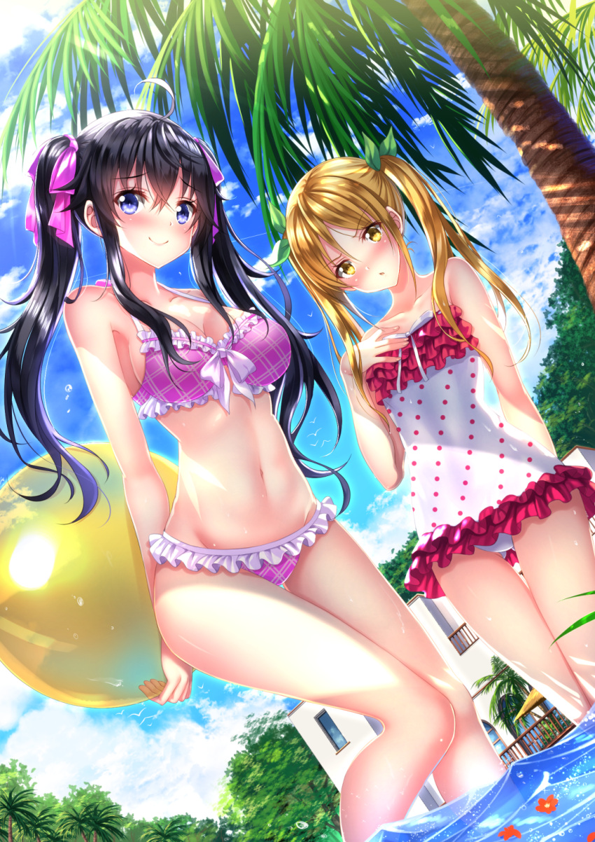 2girls ahoge arms_behind_back ball bare_shoulders beachball bikini black_hair blonde_hair blue_eyes blush breasts casual_one-piece_swimsuit cleavage frilled_bikini frilled_swimsuit frills hair_ribbon highres long_hair looking_at_viewer multiple_girls navel netoge_no_yome_wa_onna_no_ko_janai_to_omotta? one-piece_swimsuit polka_dot polka_dot_swimsuit purple_bikini ribbon segawa_akane smile standing swimsuit swordsouls tamaki_ako tree twintails wading water yellow_eyes