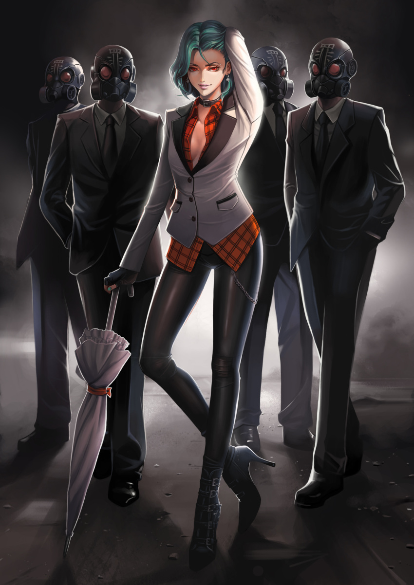 1girl 4boys absurdres arm_up black_jacket black_necktie black_pants black_shoes breasts buckle buttons cleavage closed_umbrella collar collared_shirt dantewontdie earrings full_body gas_mask green_hair hands_in_pockets high_heels highres jacket jewelry kazami_yuuka long_sleeves looking_at_viewer mask multiple_boys necktie pants parted_lips plaid plaid_vest pocket red_shirt shade shirt shoes short_hair sin_sack smile standing touhou umbrella white_jacket white_shirt white_umbrella wing_collar