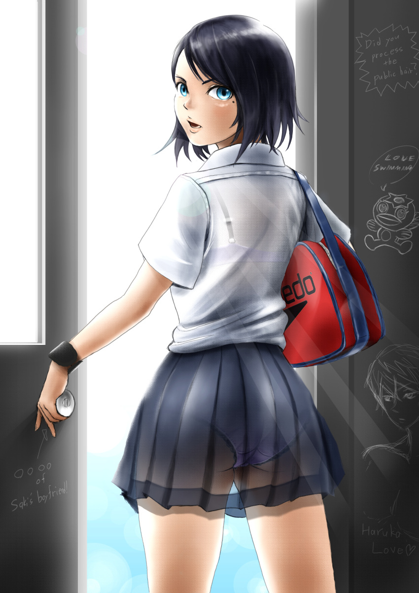 1girl absurdres ass bag black_hair blue_eyes blue_skirt bra bra_strap carrying_over_shoulder crotch_seam dress_shirt english from_behind highres lace lace-trimmed_panties looking_at_viewer looking_back miniskirt mole mole_under_eye original panties parted_lips pleated_skirt school_uniform see-through shirt short_hair sketch skirt solo standing t.o.mortors underwear white_shirt wristband