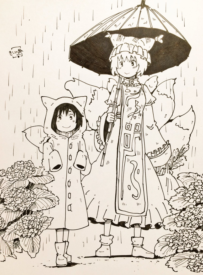 2girls animal_hood bag boots cat_hood chen flower fox_tail full_body grocery_bag hat highres holding holding_umbrella hood kishiinu long_sleeves marker_(medium) monochrome multiple_girls multiple_tails outdoors pillow_hat rain raincoat rubber_boots shoes shopping_bag short_hair signature sleeves_past_wrists tabard tail touhou traditional_media umbrella wide_sleeves yakumo_ran