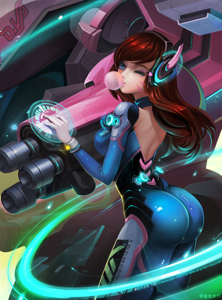 1girl ;) alternate_eye_color arm_cannon armor artist_name ass back bangs blue_eyes bodysuit breasts brown_hair bubble_blowing bubblegum center_opening character_name clothes_writing cowboy_shot d.va_(overwatch) facepaint facial_mark from_behind gatling_gun gloves gum gun headphones highres hologram holographic_interface holographic_touchscreen lips liuguang_shuiyin long_hair looking_at_viewer looking_back mecha meka_(overwatch) one_eye_closed overwatch pilot_suit pink_lips science_fiction shoulder_pads skin_tight smile solo swept_bangs watermark weapon web_address whisker_markings white_gloves