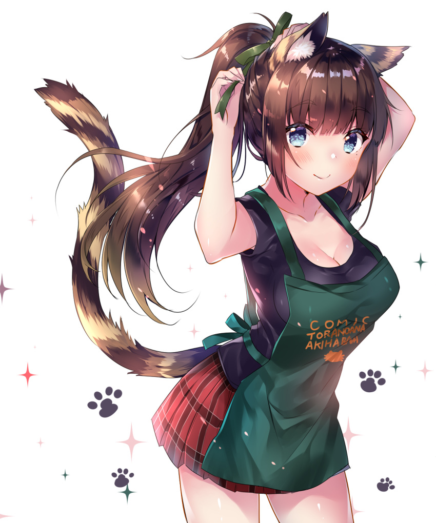 1girl animal_ears apron bangs black_shirt blue_eyes blush breasts brown_hair cat_ears cat_girl cat_tail cleavage closed_mouth clothes_writing collarbone commentary_request cowboy_shot eyebrows_visible_through_hair green_apron green_ribbon hair_ribbon highres large_breasts long_hair looking_at_viewer original plaid plaid_skirt pleated_skirt ponytail print_apron red_skirt ribbon shirt short_sleeves simple_background skirt smile solo sparkle tail usagihime very_long_hair white_background