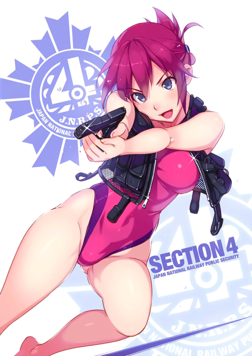 1girl :d aiming arm arms_up bare_arms bare_legs bare_shoulders barefoot blue_eyes breasts competition_swimsuit covered_navel english female folded_ponytail glint gluteal_fold gun hair_ornament hair_up handgun head_tilt highleg highleg_swimsuit highres holding holding_gun holding_weapon large_breasts leg_up legs leotard one-piece_swimsuit open_mouth pink_leotard pink_swimsuit pistol purple_hair rail_wars! sakurai_aoi scan short_hair smile solo swimsuit thighs vania600 vest weapon zipper