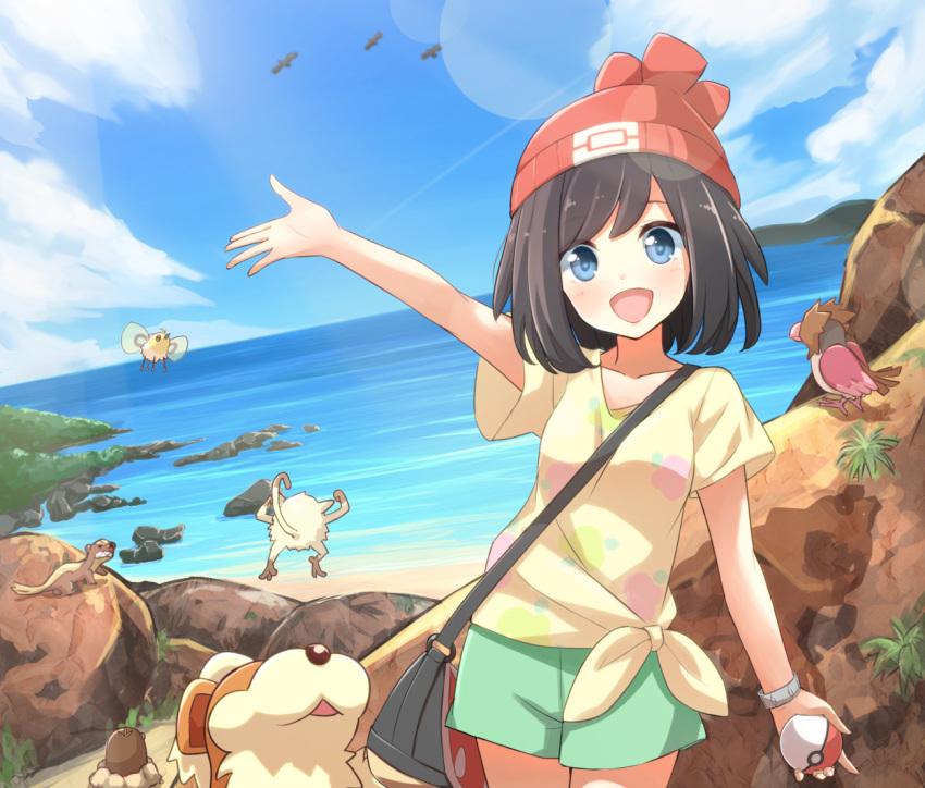 1girl alolan_diglett arm_up bag bangs beach beanie black_hair blue_eyes blue_sky cutiefly female_protagonist_(pokemon_sm) growlithe handbag hat holding holding_poke_ball mankey ocean poke_ball pokemon pokemon_(creature) pokemon_(game) pokemon_sm red_hat rock sand shirt short_hair short_shorts short_sleeves shorts sky spearow swept_bangs t-shirt walkure water wingull yungoos z-ring