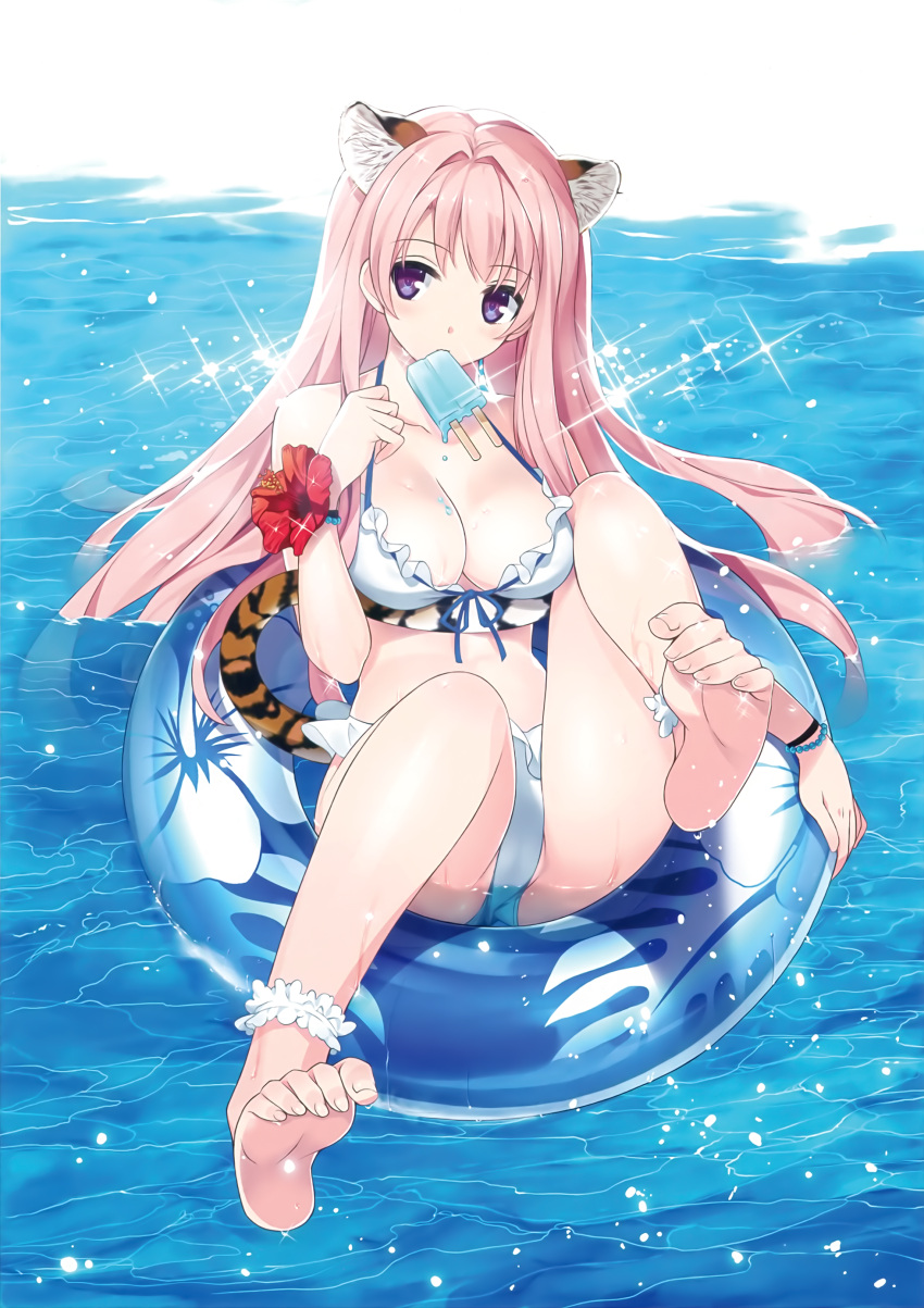 1girl absurdres animal_ears anklet barefoot bikini blue_eyes bracelet breasts cleavage cropped feet flower flower_bracelet food_on_body frilled_bikini frills hibiscus highres innertube isizuaki jewelry leg_up long_hair mouth_hold outdoors partially_submerged pink_hair popsicle reclining scan soles solo sparkle swimsuit tail tiger_ears tiger_tail toes toranoana wet white_bikini wristband