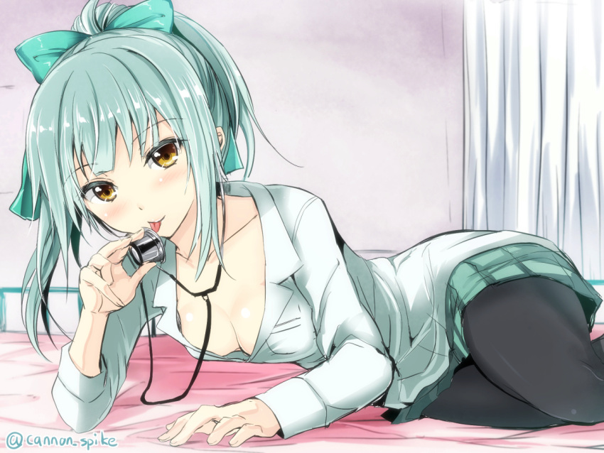1girl alternate_costume black_legwear blush bow breasts brown_eyes cleavage collarbone doctor gin'ichi_(akacia) green_bow green_hair grey_hair hair_bow kantai_collection long_sleeves looking_at_viewer lying no_bra on_side pantyhose ponytail small_breasts solo stethoscope tongue tongue_out twitter_username yuubari_(kantai_collection)