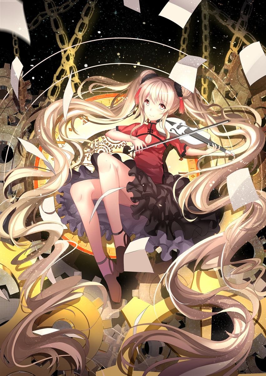 1girl absurdly_long_hair blonde_hair bow_(instrument) chains highres instrument long_hair original red_eyes solo twintails very_long_hair violin wavy_hair yeluno_meng