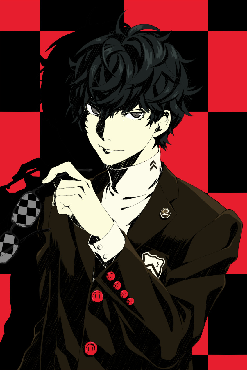 1boy absurdres arisawa_kuro arizuka_(catacombe) black black_hair checkered checkered_background glasses glasses_removed grey_eyes highres kurusu_akira looking_at_viewer male_focus messy_hair multicolored_background persona persona_5 protagonist_(persona_5) school_uniform smile solo turtleneck upper_body