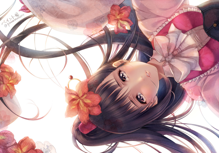 1girl ayame_(gyakuten_saiban) flower hair_flower hair_ornament japanese_clothes koutetsujou_no_kabaneri long_hair parted_lips ponytail simple_background solo violet_eyes yomogawa_ayame youqiniang