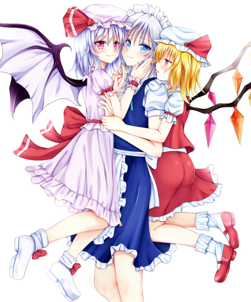 3girls bat_wings blonde_hair blue_dress blue_eyes braid colored_eyelashes dress fang_out flandre_scarlet floating frilled_legwear frills girl_sandwich hair_between_eyes hands_on_another's_face hat hat_ribbon highres hug hug_from_behind izayoi_sakuya lavender_hair looking_at_another looking_at_viewer maid maid_headdress mary_janes mob_cap muedo_(seiga) multiple_girls pink_dress puffy_short_sleeves puffy_sleeves red_dress red_eyes remilia_scarlet ribbon sandwiched shirt shoes short_hair short_sleeves side_ponytail silver_hair smile tongue tongue_out touhou twin_braids vest white_shirt wings yuri