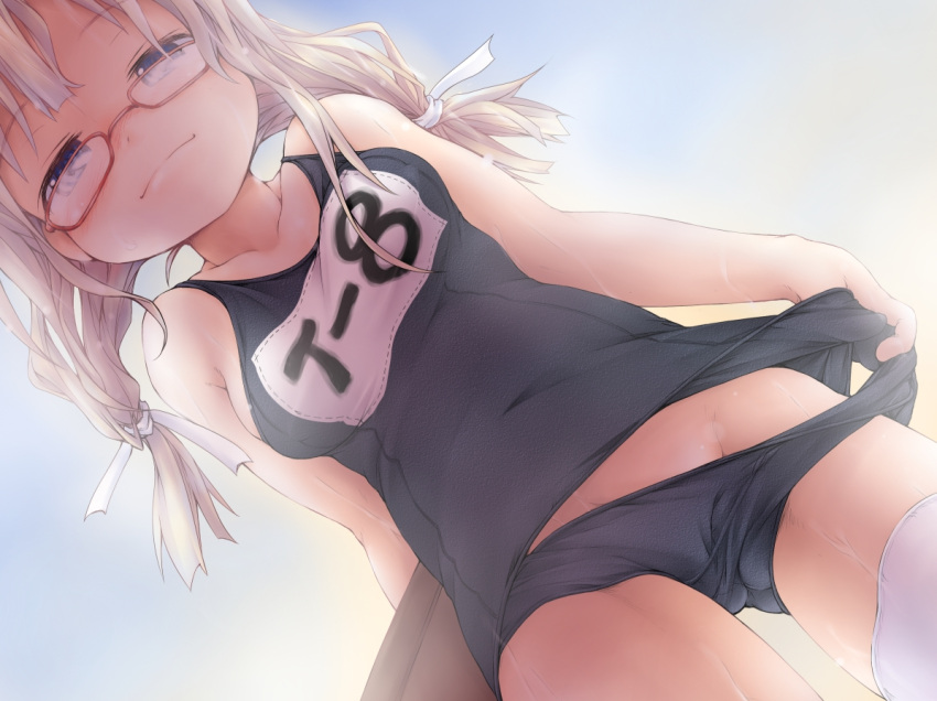 1girl arm_behind_back blonde_hair blue_eyes blush character_name closed_mouth dutch_angle glasses groin hair_ribbon ham_(points) i-8_(kantai_collection) kantai_collection looking_at_viewer name_tag old_school_swimsuit one-piece_swimsuit red-framed_eyewear red-framed_glasses ribbon school_swimsuit school_swimsuit_flap smile solo swimsuit thigh-highs tress_ribbon twintails wet white_legwear white_ribbon