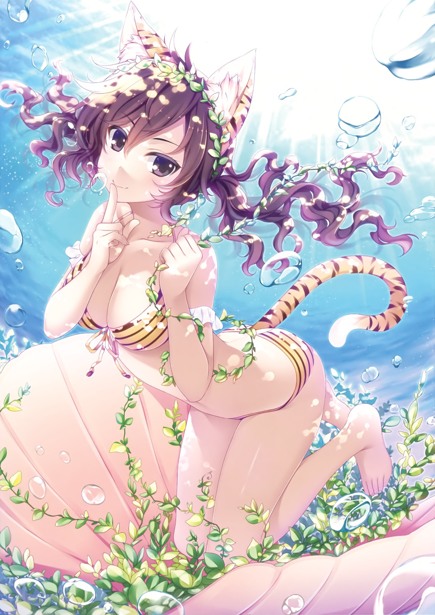 1girl absurdres air_bubble alpha_(yukai_na_nakamatachi) animal_ears barefoot bikini breasts breath brown_eyes brown_hair clam_shell cropped curly_hair fang_out finger_to_mouth floating_hair freediving front-tie_bikini front-tie_top highres large_breasts light_rays long_hair looking_at_viewer outdoors scan smile solo striped striped_bikini submerged sunbeam sunlight swimming swimsuit tail tiger_ears tiger_tail toranoana twintails underwater yellow_bikini
