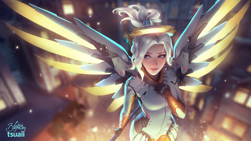 1girl blonde_hair collaboration commentary jonathan_hamilton lisa_buijteweg looking_to_the_side mechanical_halo mechanical_wings mercy_(overwatch) overwatch pantyhose parted_lips solo wings zolaida
