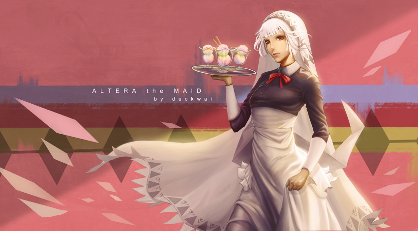 1girl alternate_costume apron artist_name attila_(fate/grand_order) character_name cup dark_duck dark_skin engrish enmaided fate/grand_order fate_(series) food highres ice_cream maid maid_apron ranguage red_eyes short_hair solo tray veil white_hair