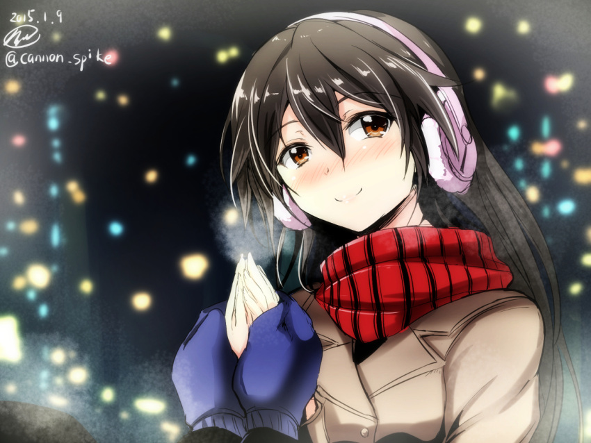 1girl alternate_costume black_hair blurry blush brown_coat brown_eyes coat dated depth_of_field earmuffs gin'ichi_(akacia) hand_holding hands_together haruna_(kantai_collection) heavy_breathing kantai_collection long_hair looking_at_viewer mittens nose_blush pov_hands red_scarf scarf signature smile solo_focus twitter_username upper_body