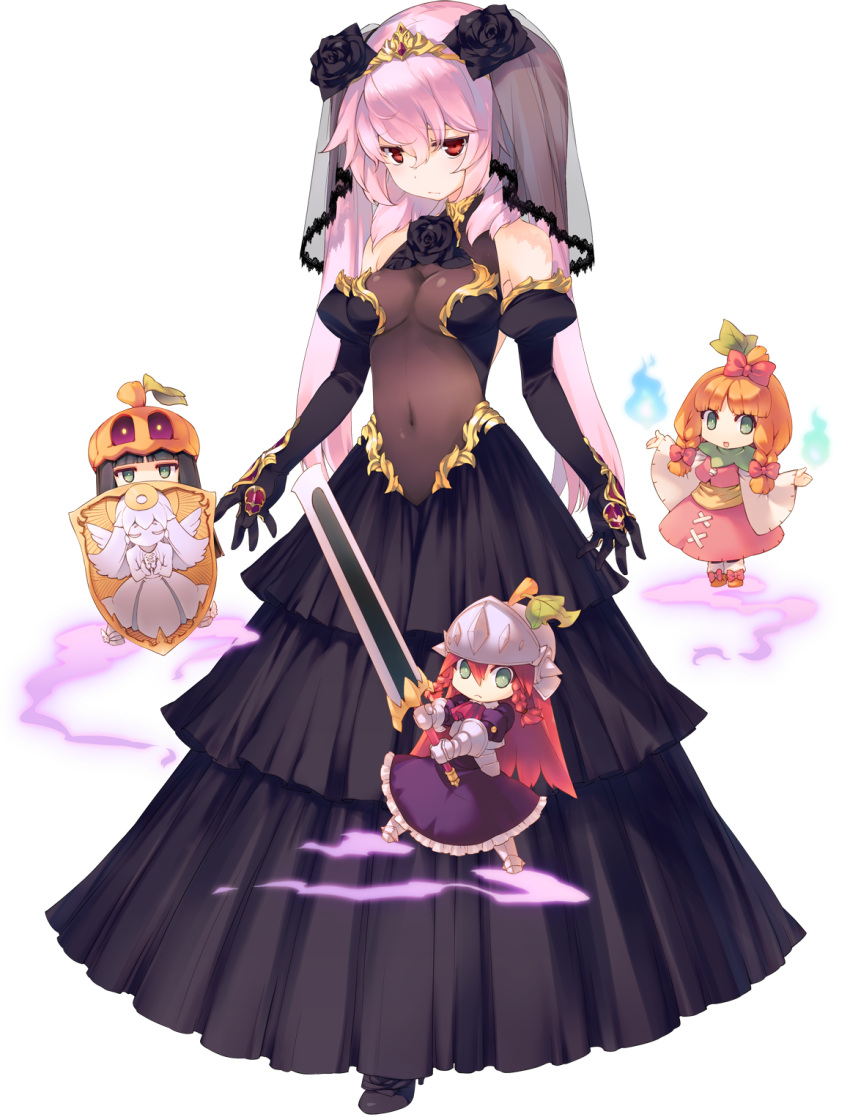 4girls aquaplus armor armored_boots bangs black_gloves black_hair blunt_bangs boots braid covered_navel dress dungeon_travelers_2 elbow_gloves front_braid gloves greaves helmet highres holding holding_sword holding_weapon jitome lilian_craper long_hair long_sleeves looking_at_viewer magic multiple_girls official_art orange_hair pink_hair red_eyes redhead shield sumaki_shungo sword transparent_background twin_braids twintails veil weapon