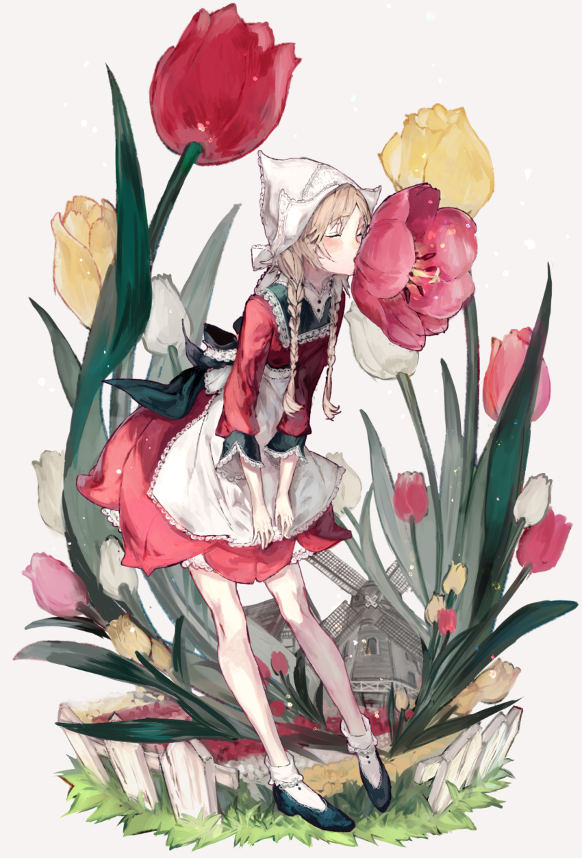 1girl absurdres apron blonde_hair bow braid closed_eyes dress eyebrows eyebrows_visible_through_hair faux_figurine fence flower full_body headdress highres kiss lace long_sleeves original ozyako ozyako0 slippers solo standing traditional_clothes tulip twin_braids white_background windmill