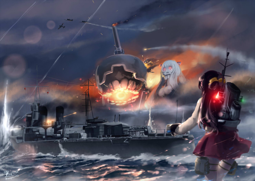 2girls aircraft airfield_hime airplane from_behind giantess glowing_mouth kantai_collection military military_vehicle multiple_girls naganami_(kantai_collection) ocean ship smoke_trail stormy_waters tracer_bullets tracer_fire tsubasa_(abchipika) warship watercraft