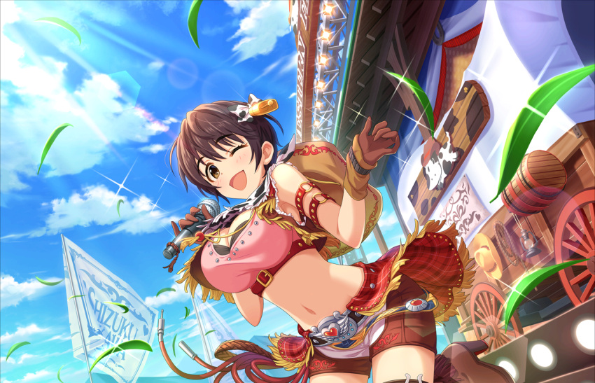 1girl armpits artist_request bare_shoulders belt blush boots breasts brown_eyes brown_hair character_name cleavage cow_print cowboy_hat gloves hat idolmaster idolmaster_cinderella_girls idolmaster_cinderella_girls_starlight_stage large_breasts looking_at_viewer microphone music navel official_art oikawa_shizuku one_eye_closed open_mouth short_hair shorts singing sky smile solo wind