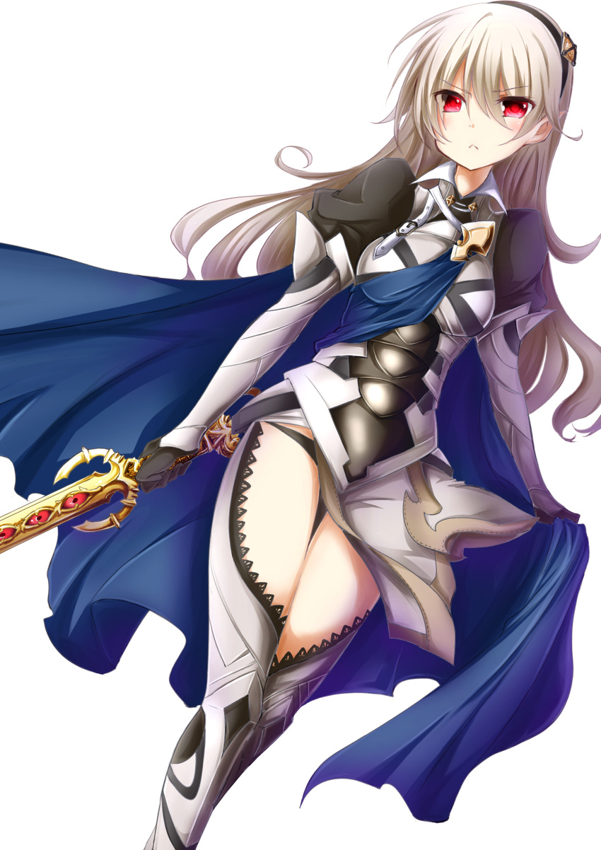 1girl armor black_panties cape female fire_emblem fire_emblem_if hairband my_unit_(fire_emblem_if) nintendo panties pointy_ears puffy_sleeves red_eyes solo sword underwear zero-theme