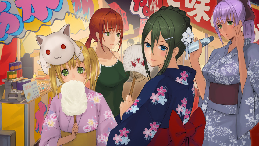 4girls atoko blonde_hair blue_eyes border_break borrowed_character bow brown_hair character_request daglasses fan festival flower green_eyes green_hair hair_between_eyes hair_bow hair_flower hair_ornament highres japanese_clothes kimono kyubey lips mahou_shoujo_madoka_magica multiple_girls paper_fan personification ponytail purple_hair ramune redhead twintails uchiwa