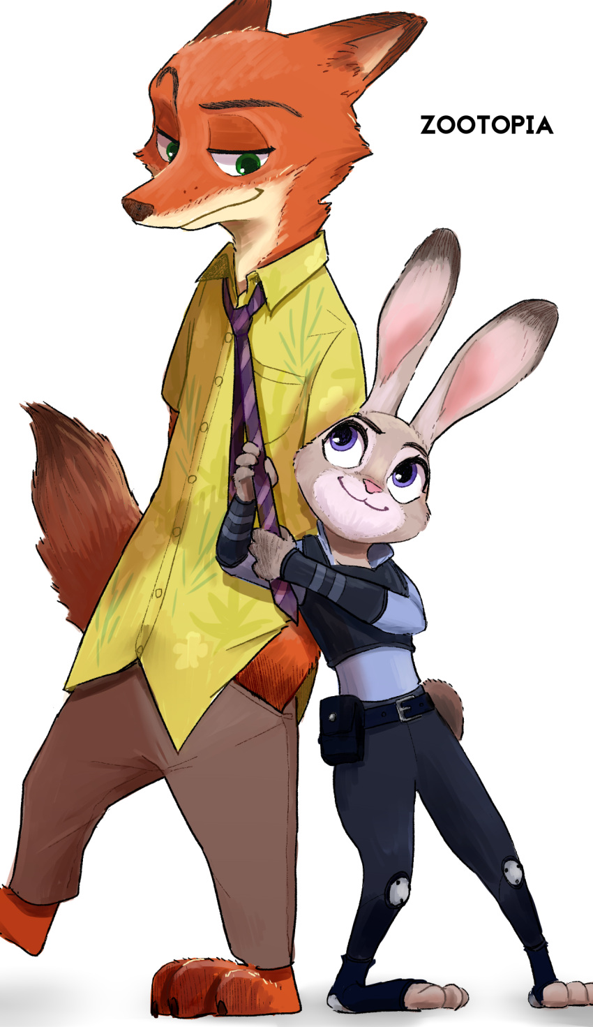 brightnight bunny_tail disney fox fox_ears fox_tail furry judy_hopps looking_at_another nick_wilde police police_uniform rabbit rabbit_ears simple_background size_difference standing tail uniform white_background zootopia