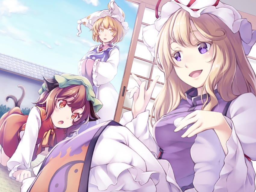 3girls :d :o all_fours animal_ears architecture bangs blonde_hair blue_sky bow bowtie breasts brooch brown_hair cat_ears cat_tail chen clouds colored_eyelashes day dress east_asian_architecture frills green_hat hair_between_eyes hair_bow hands_in_sleeves hat hat_ribbon head_tilt highres indoors jewelry long_sleeves looking_at_another midorino_eni mob_cap multiple_girls multiple_tails nekomata on_floor open_mouth pillow_hat red_skirt red_vest ribbon short_hair sitting skirt skirt_set sky sliding_doors smile standing tabard tail tassel tatami touhou turtleneck two_tails violet_eyes white_hat wide_sleeves yakumo_ran yakumo_yukari yellow_bow yellow_bowtie yellow_eyes yin_yang