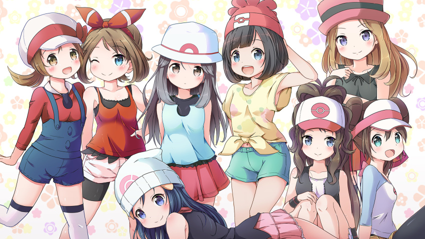 00s 10s 6+girls :d ;) antenna_hair aqua_shorts arm_at_side arms_behind_back bangs baseball_cap beanie bike_shorts bike_shorts_under_shorts black_hair black_legwear black_shorts black_vest blue_(pokemon) blue_eyes blue_hair blue_shirt blush bow breasts brown_hair camisole closed_mouth collarbone denim denim_shorts double_bun eyebrows eyebrows_visible_through_hair female_protagonist_(pokemon_sm) floral_background grey_background hair_ornament hand_on_hip hand_on_own_head hand_on_own_knee hand_up haruka_(pokemon) haruka_(pokemon)_(remake) hat hat_bow hat_ribbon head_tilt highres hikari_(pokemon) kotone_(pokemon) legs_apart light_brown_hair long_hair looking_at_viewer lying mei_(pokemon) miniskirt multiple_girls nekono_rin on_stomach one_eye_closed open_mouth overalls pantyhose pink_skirt pleated_skirt pokeball_symbol pokemon pokemon_(game) pokemon_bw pokemon_bw2 pokemon_dppt pokemon_frlg pokemon_hgss pokemon_oras pokemon_sm pokemon_xy ponytail raglan_sleeves red_bow red_hat red_scarf red_shirt red_skirt ribbon scarf serena_(pokemon) shirt short_hair shorts sitting skirt sleeveless sleeves_past_elbows smile standing standing_on_one_leg swept_bangs t-shirt thigh-highs thigh_gap tied_shirt touko_(pokemon) twintails undershirt violet_eyes visor_cap white_hat white_legwear white_shorts wristband