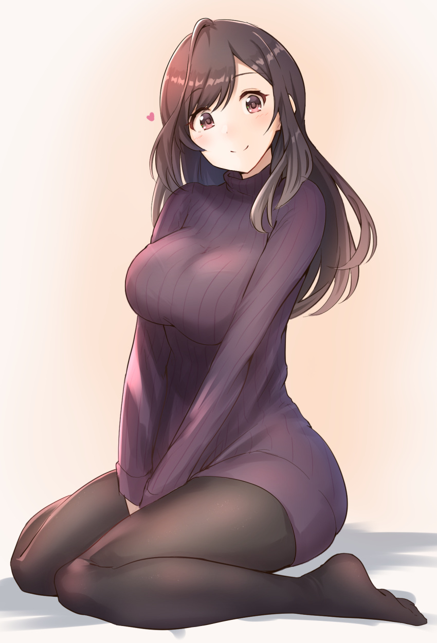 1girl bangs between_legs black_legwear blush breast_squeeze breasts brown_eyes brown_hair closed_mouth commentary_request dress eyebrows_visible_through_hair full_body hand_between_legs head highres idolmaster idolmaster_shiny_colors large_breasts long_hair long_sleeves looking_at_viewer pantyhose purple_sweater ribbed_sweater sitting smile solo sweater sweater_dress swept_bangs tsukioka_kogane turtleneck turtleneck_sweater v_arms wariza wattsu
