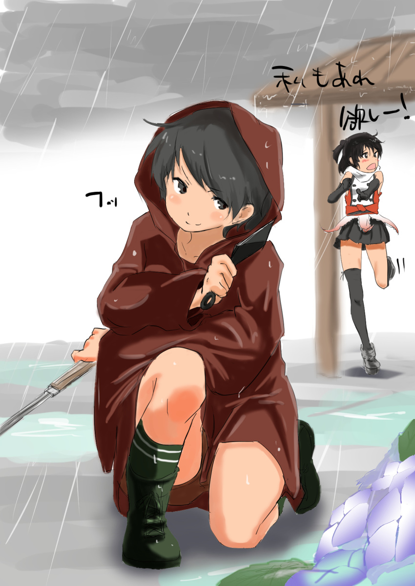 &gt;:) 2girls bangs bare_shoulders black_eyes black_gloves black_hair crossed_arms flower gloves highres holding holding_sword holding_weapon kantai_collection kneeling kunai looking_at_viewer looking_to_the_side miniskirt mogami_(kantai_collection) multiple_girls open_mouth pleated_skirt pose rain raincoat remodel_(kantai_collection) scarf sendai_(kantai_collection) short_hair short_sword single_thighhigh skirt smile smug standing standing_on_one_leg swept_bangs sword tama_(artist) tama_(seiga46239239) thigh-highs weapon white_scarf