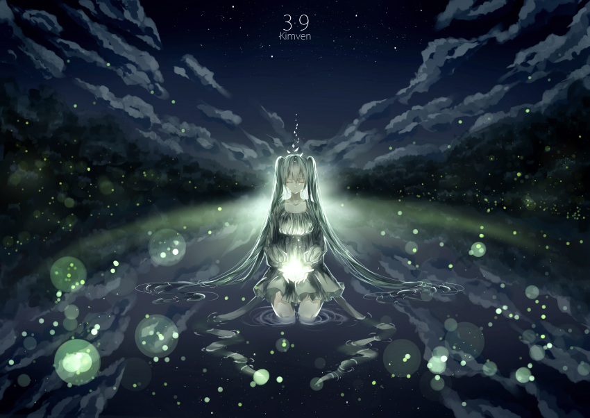 1girl dress female green_hair hatsune_miku highres kimven long_hair night sky solo stars tree twintails vocaloid water wet