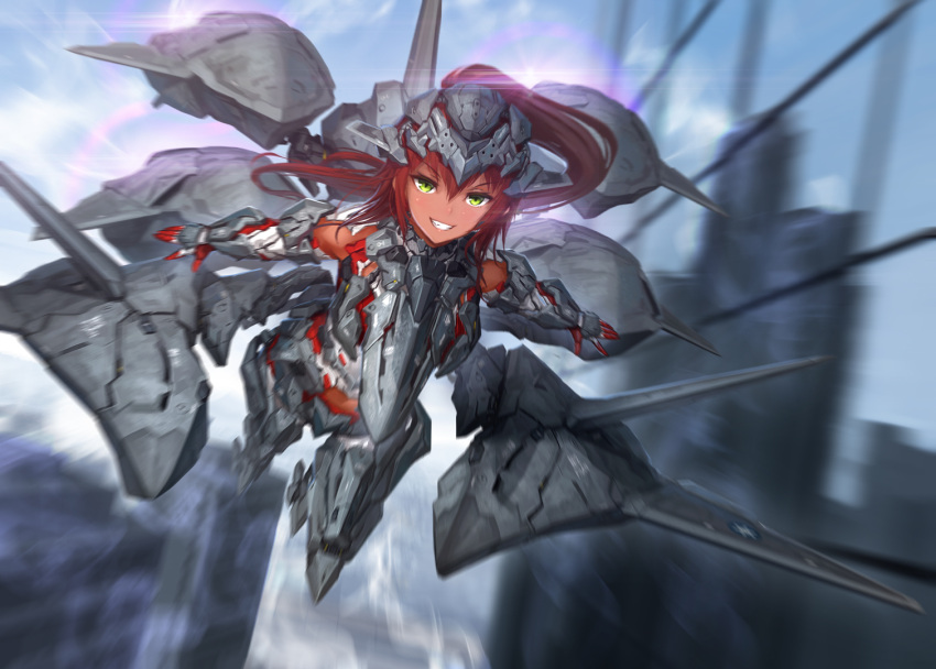 1girl ace_combat ace_combat_x aircraft blue_sky building city dark_skin day diffraction_spikes eyebrows eyebrows_visible_through_hair full_body gauntlets gorget grin hair_between_eyes helmet lens_flare long_hair looking_at_viewer mecha_musume midair motion_blur outdoors personification redhead sky skyscraper smile solo stomach tom-neko_(zamudo_akiyuki) yr-302_fregata