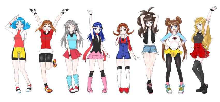00s 10s 6+girls 90s adjusting_hair akanbe aqua_eyes aqua_legwear arm_behind_back arm_behind_head arm_holding arm_up armpits arms_behind_head arms_up artist_request bike_shorts black_hair black_legwear blonde_hair blue_(pokemon) blue_eyes blue_hair blush boots bracelet breast_envy breasts brown_eyes brown_hair closed_eyes cropped_jacket crystal_(pokemon) double_bun female full_body gloves grey_eyes hair_ornament hair_tucking hands_on_hips haruka_(pokemon) hikari_(pokemon) jacket jewelry kotone_(pokemon) leg_up lineup long_hair long_sleeves looking_at_another looking_at_viewer looking_to_the_side mei_(pokemon) mouth_hold multiple_girls nintendo one_eye_closed open_mouth overalls pantyhose pokemon pokemon_(game) pokemon_bw pokemon_bw2 pokemon_dppt pokemon_frlg pokemon_gsc pokemon_hgss pokemon_rse pokemon_xy poketch ponytail rubber_band scarf serena_(pokemon) shirt shoes short_sleeves shorts silver_hair simple_background skirt sleeveless sleeveless_shirt smile sneakers socks standing standing_on_one_leg tank_top thigh-highs touko_(pokemon) twintails tying_hair vest watch watch white_background white_legwear wink wristband