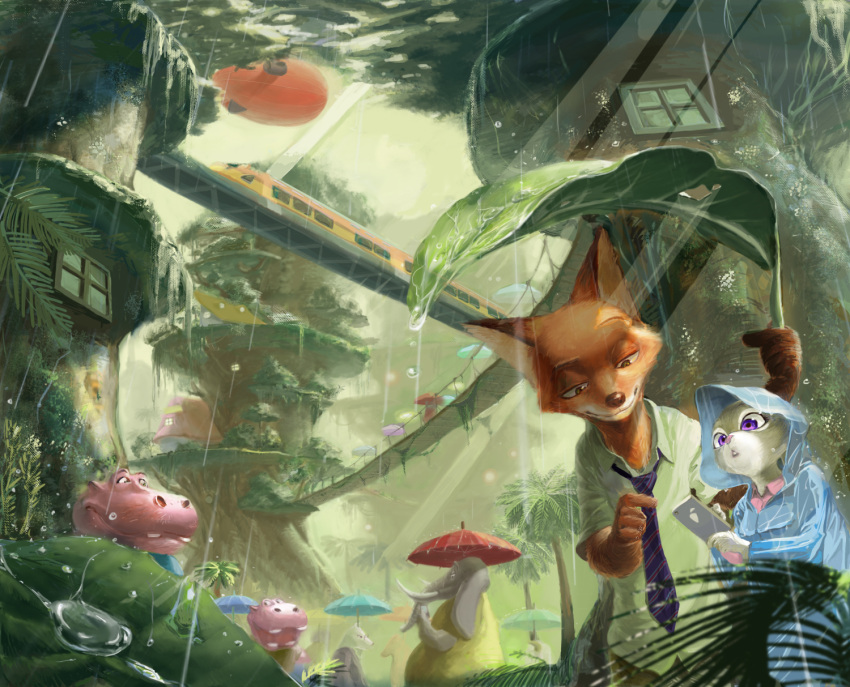 artist_request disney furry judy_hopps landscape nick_wilde raining tagme zootopia