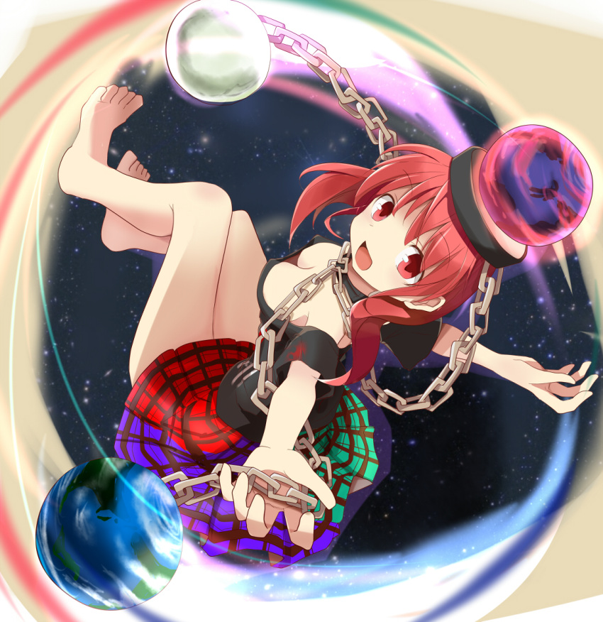 1girl :d barefoot breasts chains choker cleavage downblouse earth from_side full_body hecatia_lapislazuli hell highres moon mukuroi off-shoulder_shirt off_shoulder open_mouth outstretched_arms plaid plaid_skirt pleated_skirt polos_crown red_eyes redhead shirt short_sleeves skirt smile solo spread_arms t-shirt touhou