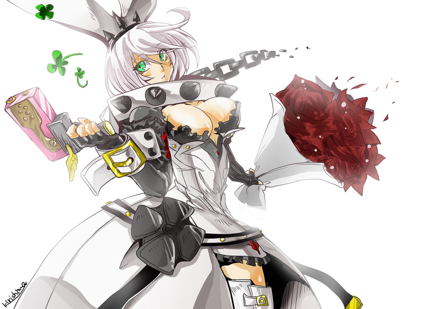 1girl ahoge animal_ears arc_system_works blush bouquet breasts chains cleavage clover collar dress elphelt_valentine fingerless_gloves flower four-leaf_clover gloves green_eyes guilty_gear guilty_gear_xrd guilty_gear_xrd:_revelator gun handgun kirishima_sanagi large_breasts rabbit_ears red_rose rose shiny shiny_hair shiny_skin short_hair silver_hair simple_background solo thigh-highs weapon white_background white_dress