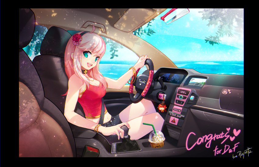 1girl :d ahoge aqua_eyes belt bendy_straw black_border black_shorts blue_sky border bracelet breasts camisole car car_interior character_doll character_request choker cleavage coffee copyright_name crop_top cross cup digital_media_player drinking_straw driving dungeon_and_fighter flower from_side ground_vehicle hair_flower hair_ornament heart highres jewelry key knight_(dungeon_and_fighter) lens_flare long_hair looking_at_viewer mirror motor_vehicle navel necklace open_mouth outstretched_arm pink_hair puyon_(pixiv) puyon_(puyon) red_rose rose seatbelt shade shorts signature sitting sky sleeveless smile solo stomach