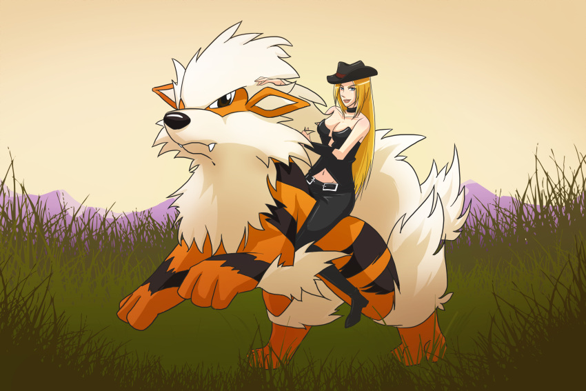 1girl arcanine blonde_hair blue_eyes choker corset crossover devil_may_cry fangs field hat high_heel_boots long_hair pokemon riding trish trish_(devil_may_cry)