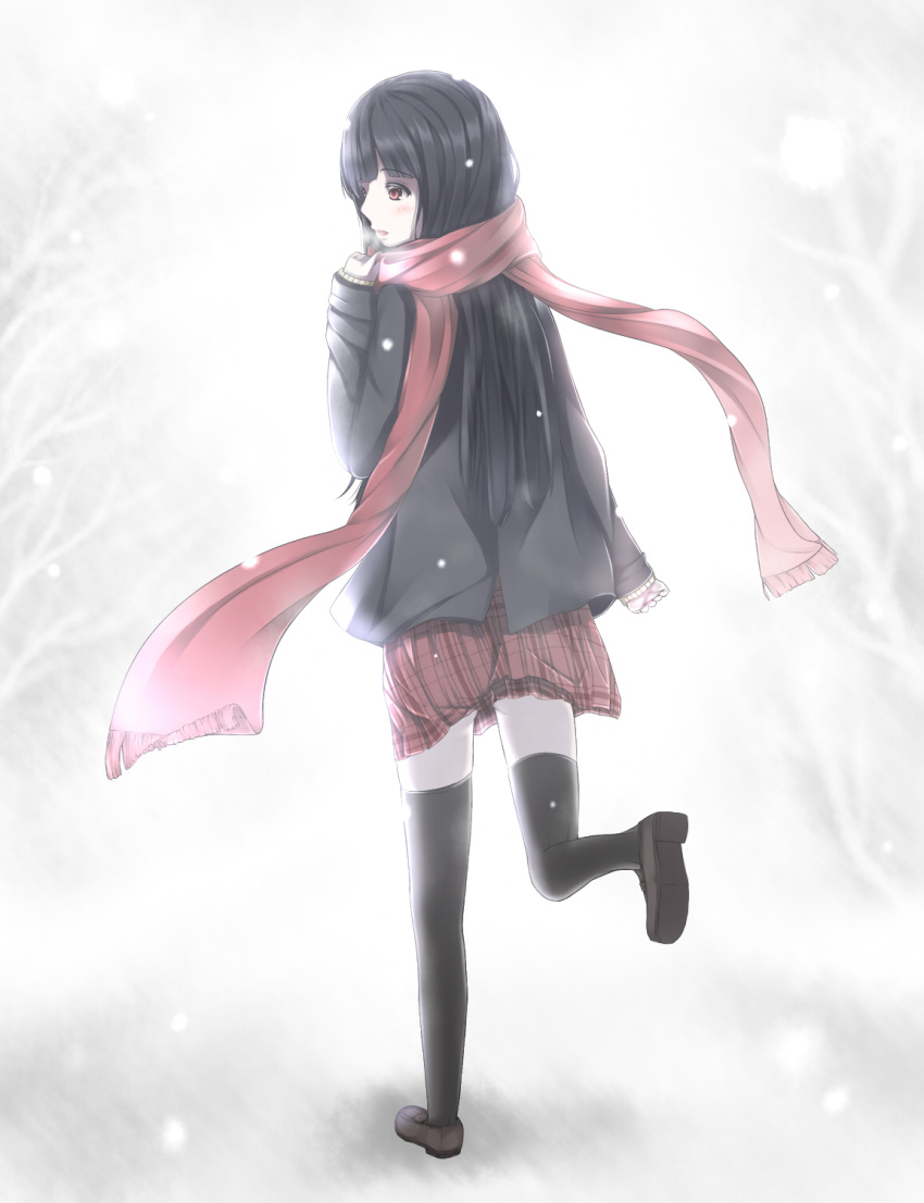 1girl black_hair black_legwear brown_eyes highres inushi long_hair original outdoors red_scarf red_skirt scarf skirt snow solo thigh-highs