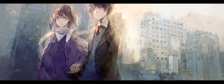 1boy 1girl aldnoah.zero asseylum_vers_allusia brown_eyes brown_hair building collared_shirt dress fabri green_eyes hand_holding jacket kaizuka_inaho landscape letterboxed light_smile long_sleeves looking_at_viewer necktie open_clothes open_jacket outdoors purple_dress red_eyes red_necktie scarf shirt smile sweater_vest unbuttoned white_shirt wing_collar