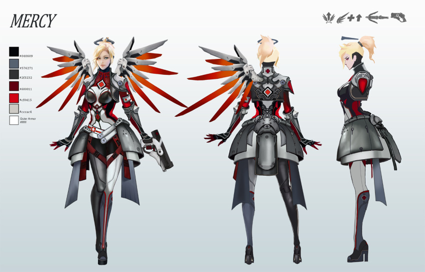 alternate_costume asymmetrical_legwear blonde_hair blue_eyes bodysuit boots breasts character_name closed_mouth contrapposto faulds from_behind from_side gauntlets gradient gradient_background gun hair_ornament hair_tie handgun headgear highres holding holding_gun holding_weapon legs_apart legs_crossed legs_together long_sleeves looking_away mechanical_halo mechanical_wings medium_breasts mercy_(overwatch) nose overwatch pauldrons pink_lips ponytail red_wings shoulder_pads single_wing skin_tight spread_wings swiss_flag thigh-highs thigh_boots thigh_strap turtleneck vikiye watson_cross weapon white_boots wings